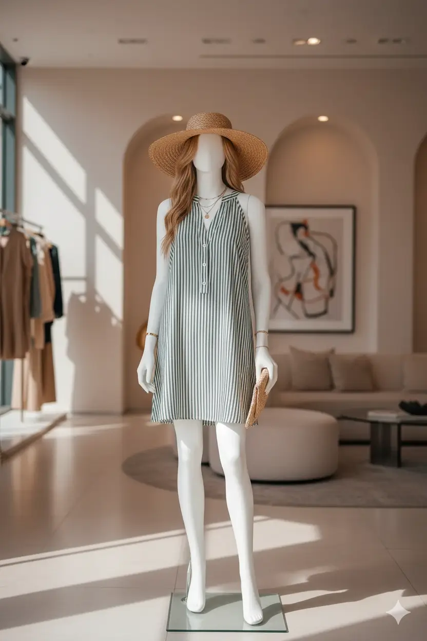 لباس کوتاه بدون آستین راه راه سرمه‌ای | Navy Striped Sleeveless Mini Dress