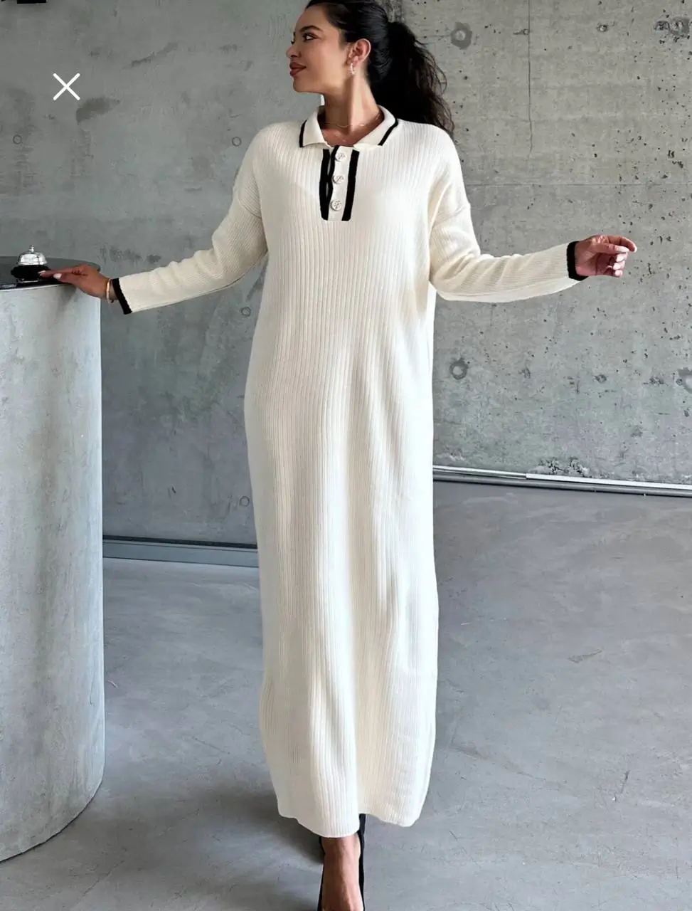 - بافت بلند زنانه ترک موداگن | Modagen Contrast Trim Collared Knit Maxi Dress - بافت بلند زنانه ترک