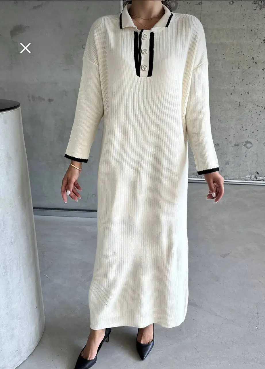 - بافت بلند زنانه ترک موداگن | Modagen Contrast Trim Collared Knit Maxi Dress - بافت بلند زنانه ترک