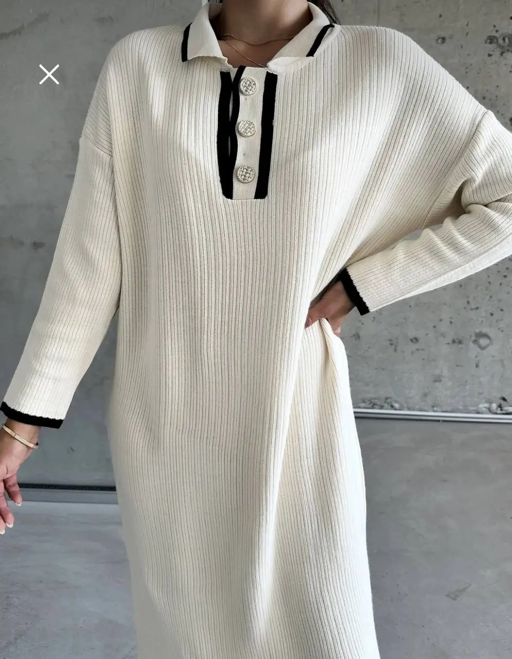 - بافت بلند زنانه ترک موداگن | Modagen Contrast Trim Collared Knit Maxi Dress - بافت بلند زنانه ترک