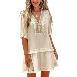 - لباس ساحلی کوتاه توری یقه هفت کاپشی | Cupshe Mini Dress - لباس ساحلی کوتاه توری یقه هفت کاپشی