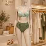 مایو زنانه دو تکه سبز زیتونی طرحدار